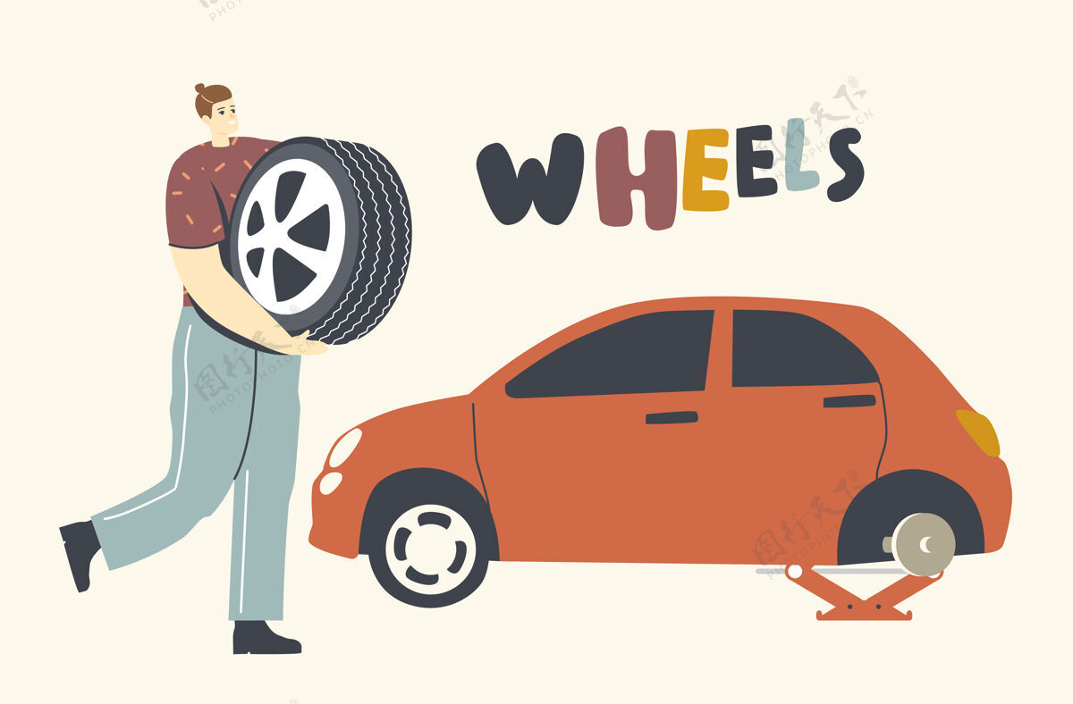 旅行修理坏了的车轮的机械师或司机 手里拿着备用轮胎的人力更换帮助