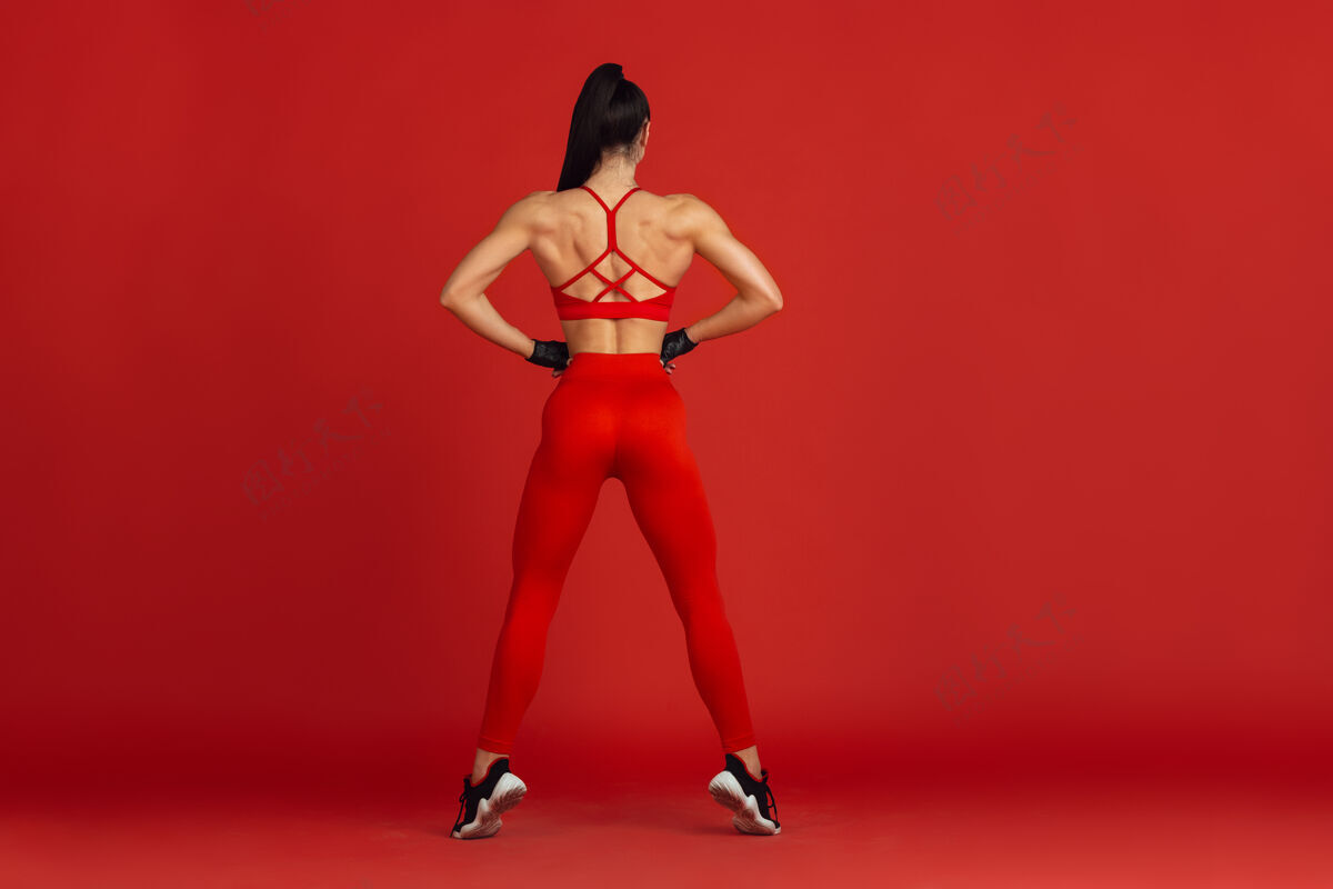 运动装美丽的年轻女运动员在红工作室的墙上练习杠铃站立强壮