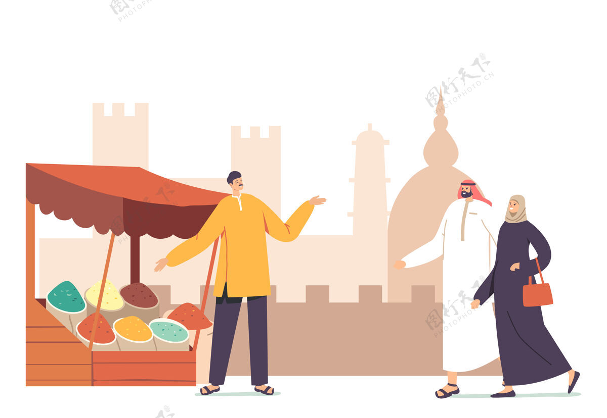 卡通身着阿拉伯服饰的当地男女角色参观阿拉伯市场 与提供香料的小贩在摊位上散步酋长国提供摊位
