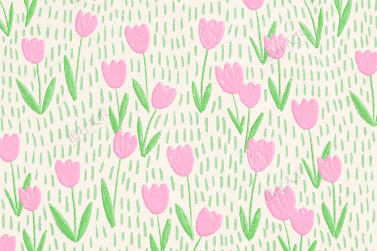 自然粉色郁金香田背景线艺术横幅绘画粉红郁金香花领域