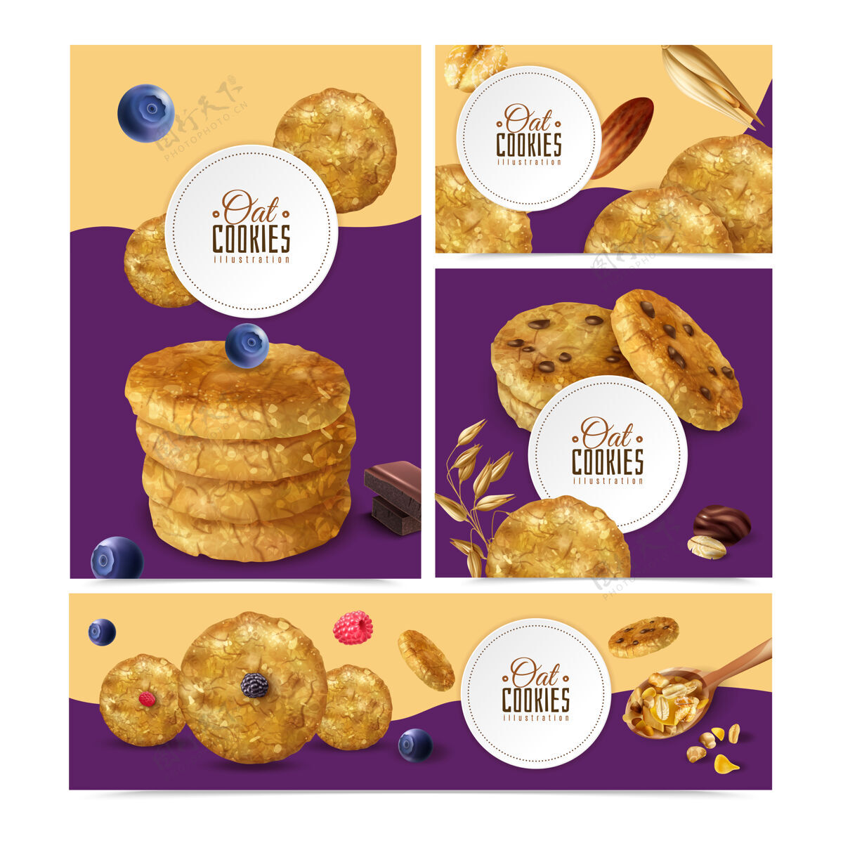 横幅现实燕麦饼干设置不同大小的横幅与可编辑的文本框和饼干框架饼干燕麦