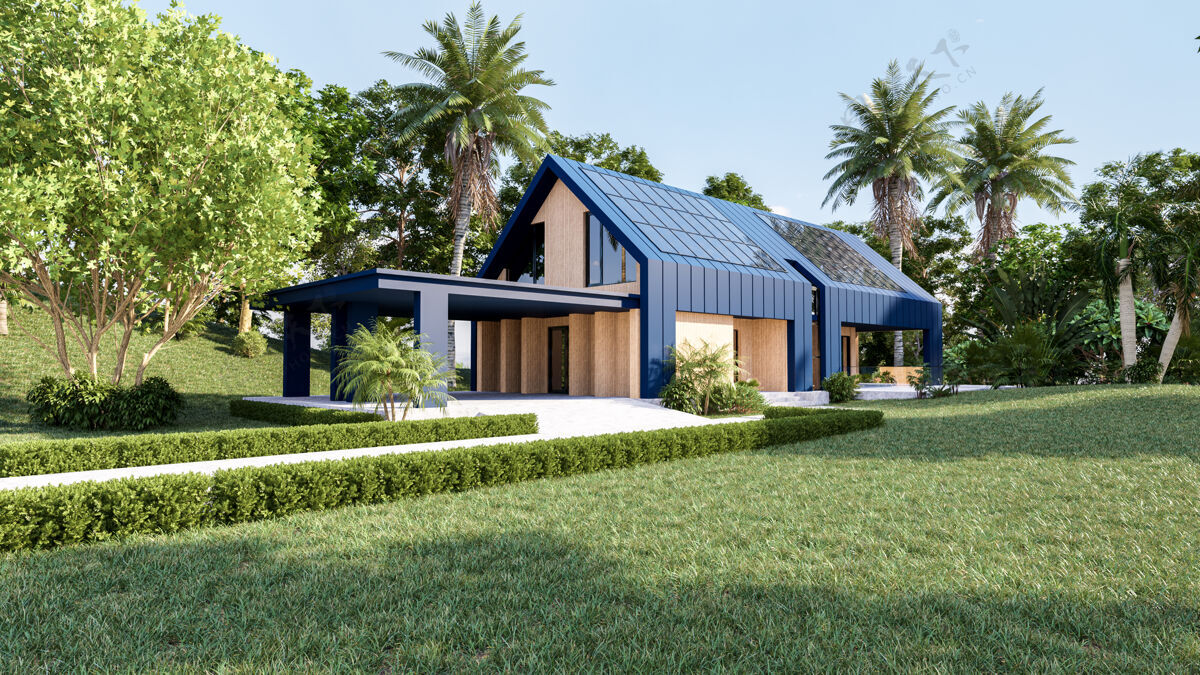 花园现代住宅屋顶的太阳能电池板 利用太阳能电池板收集可再生能源 外观设计 3d渲染住宅外部屋顶