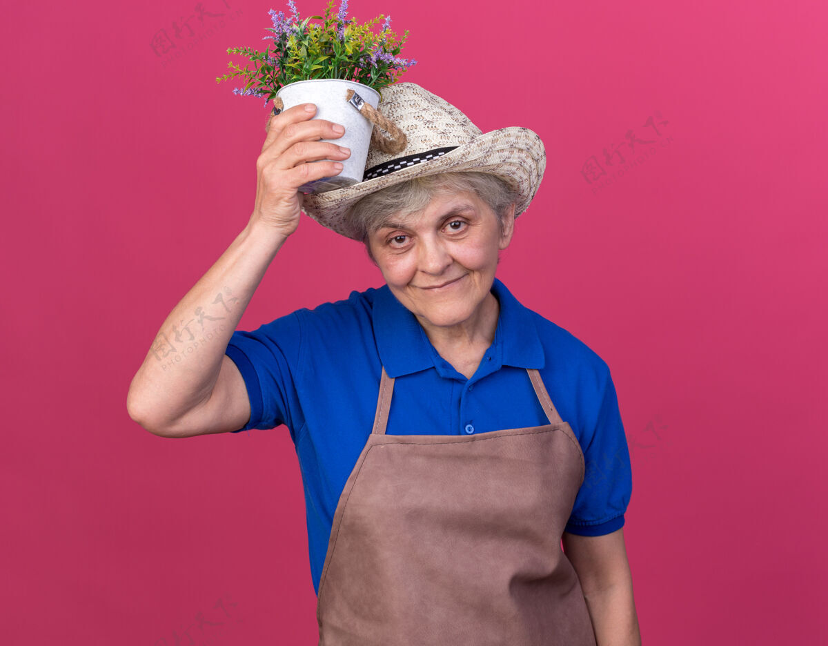 请戴高兴的上了年纪的女园丁戴着园艺帽 头顶着花盆粉色手捧帽子
