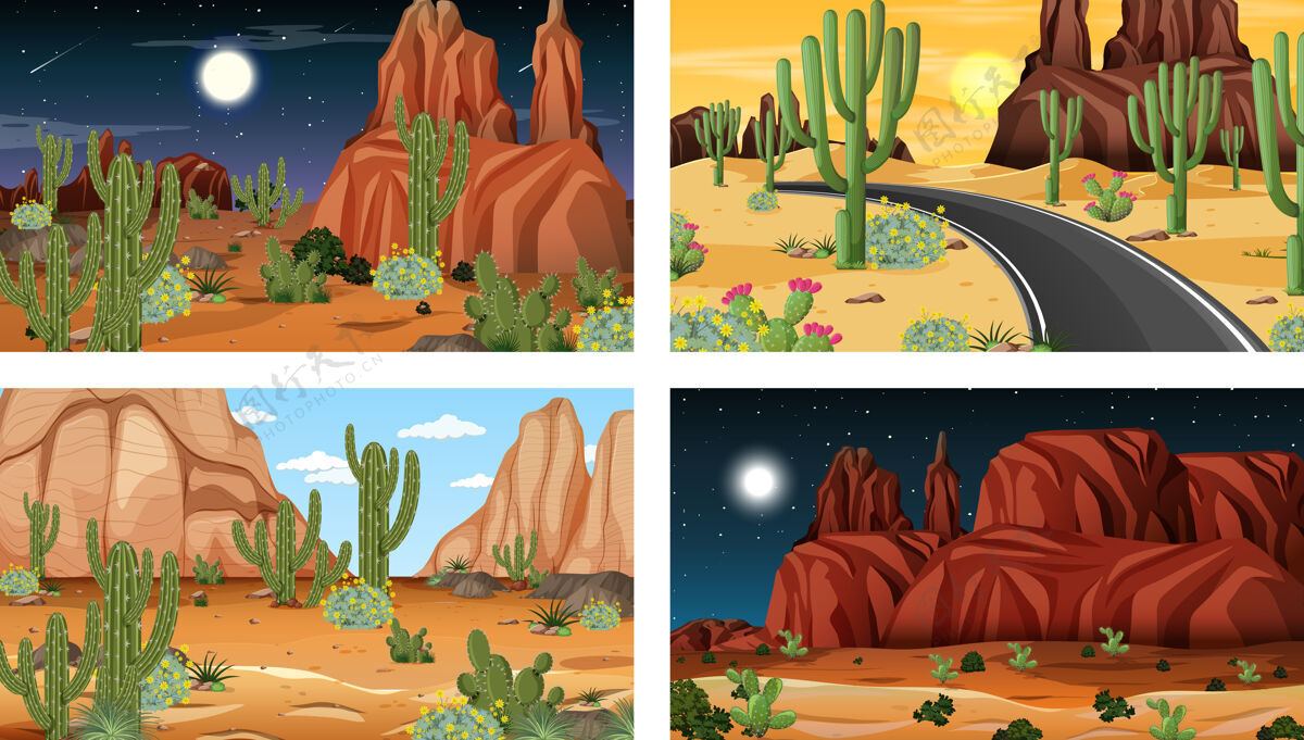 卡通沙漠森林景观的不同场景炎热艺术家日落