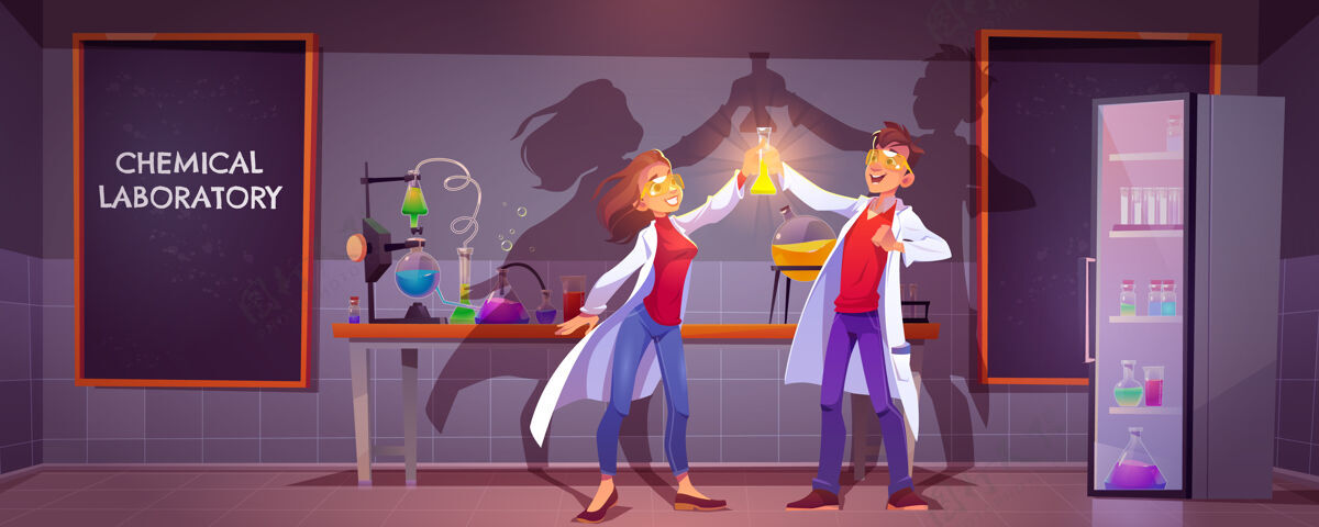 烧杯快乐的化学家在化学实验室拿着装有发光液体的玻璃烧瓶化学烧瓶室内
