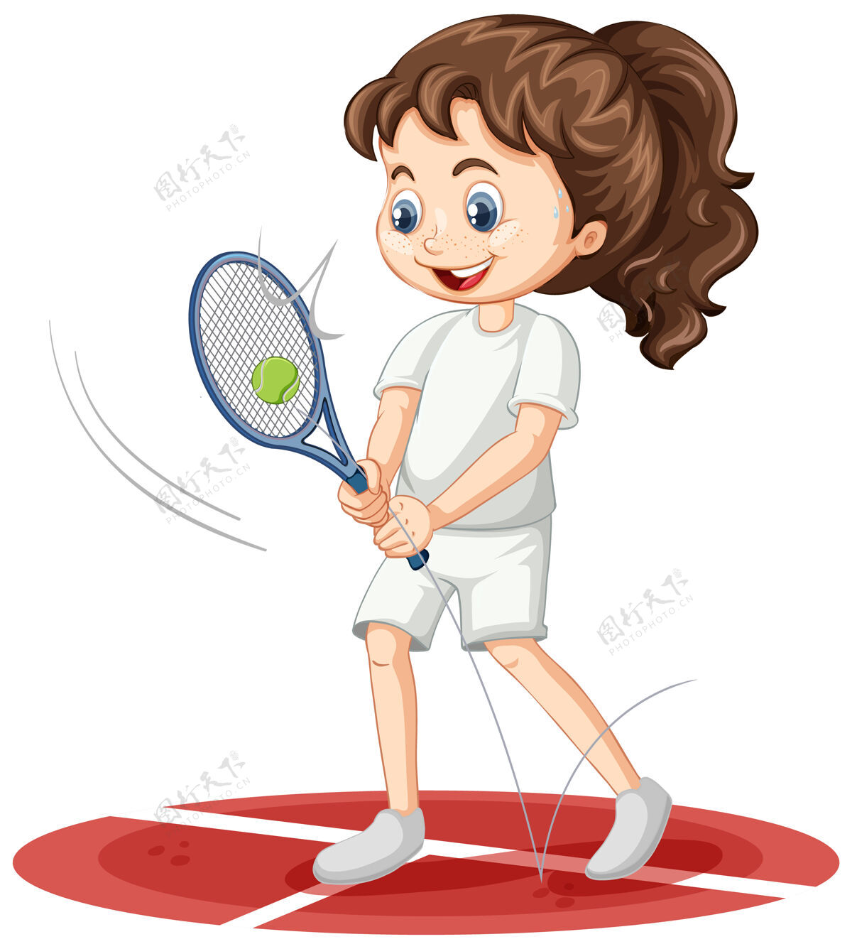 小可爱的女孩打网球卡通人物孤立娱乐活动动作