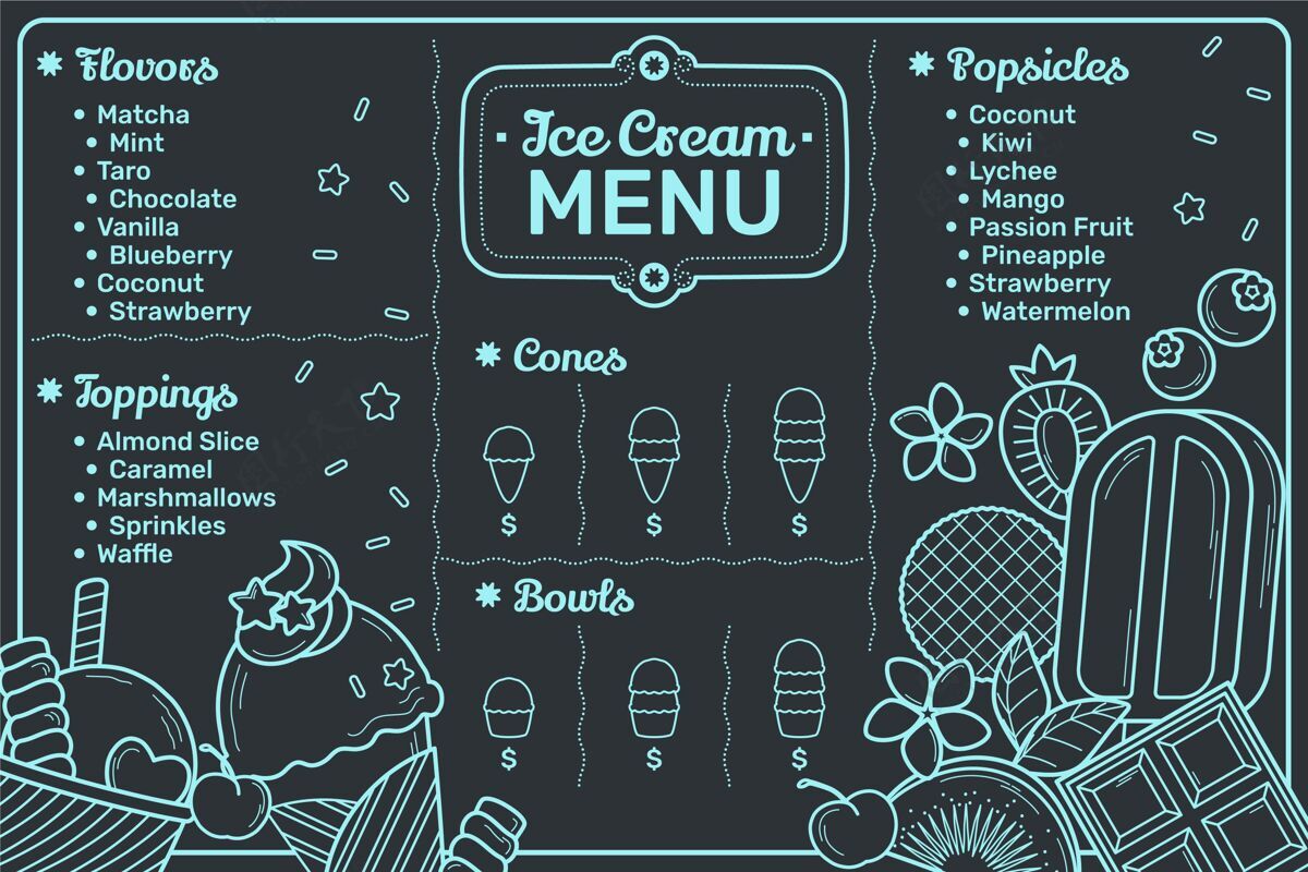 小酒馆手绘冰激凌黑板菜单模板冰淇淋菜单冷冻食品手绘
