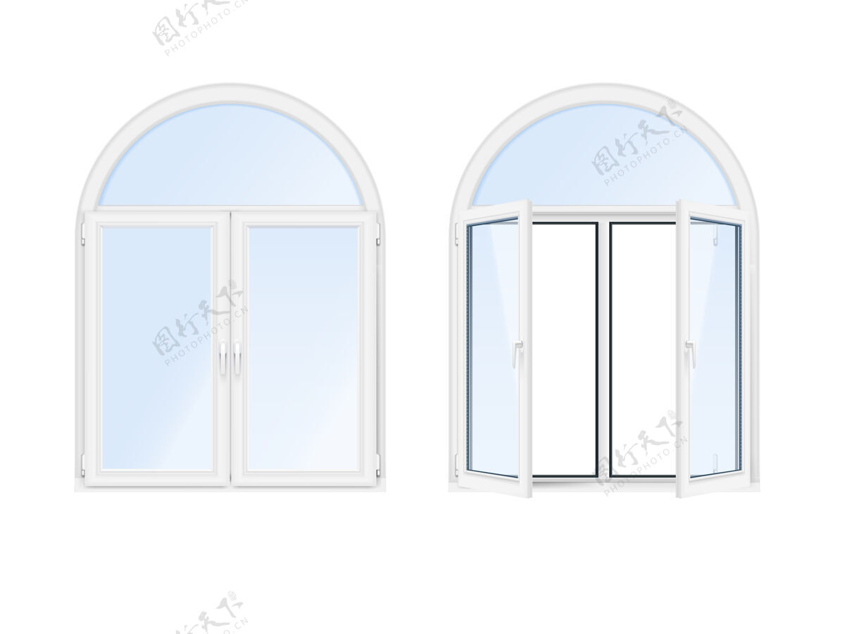 门两扇孤立而逼真的拱形窗户逼真窗开