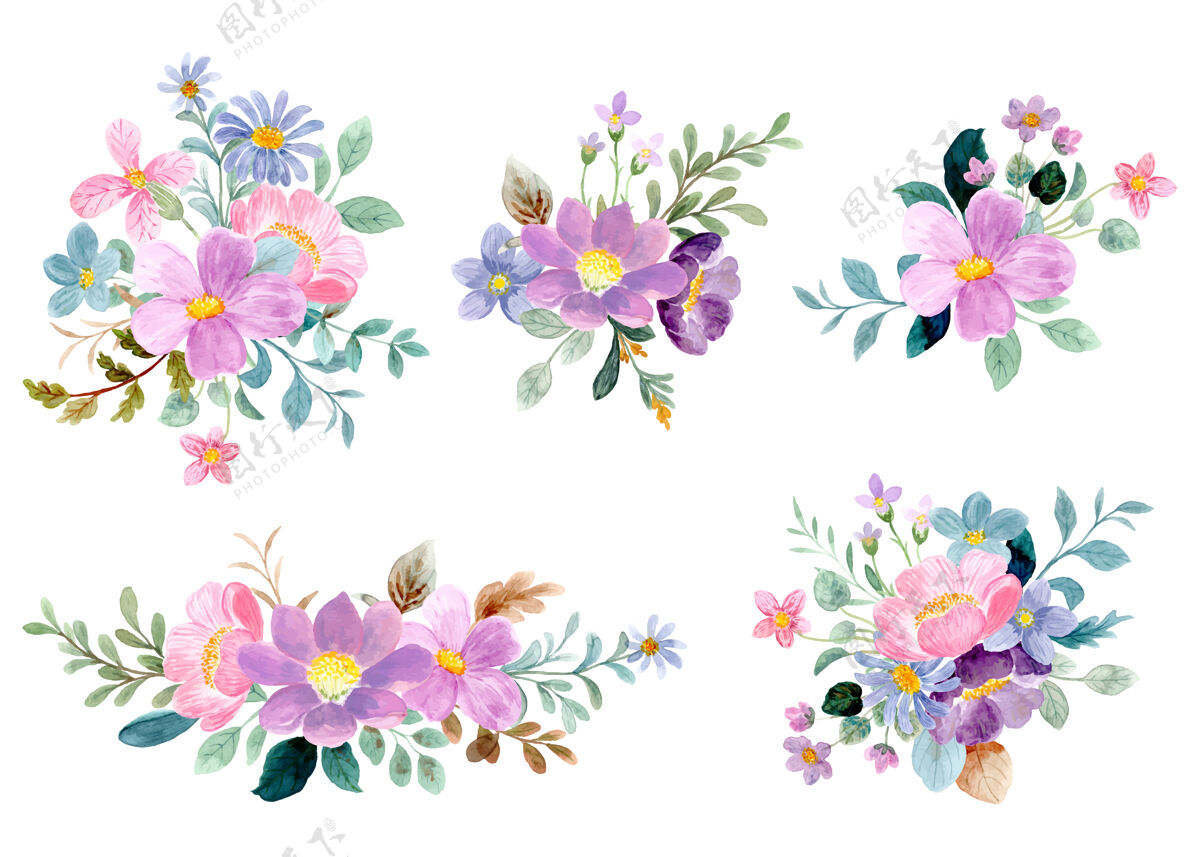 聚会五颜六色的花束收藏与水彩画新娘公告树叶