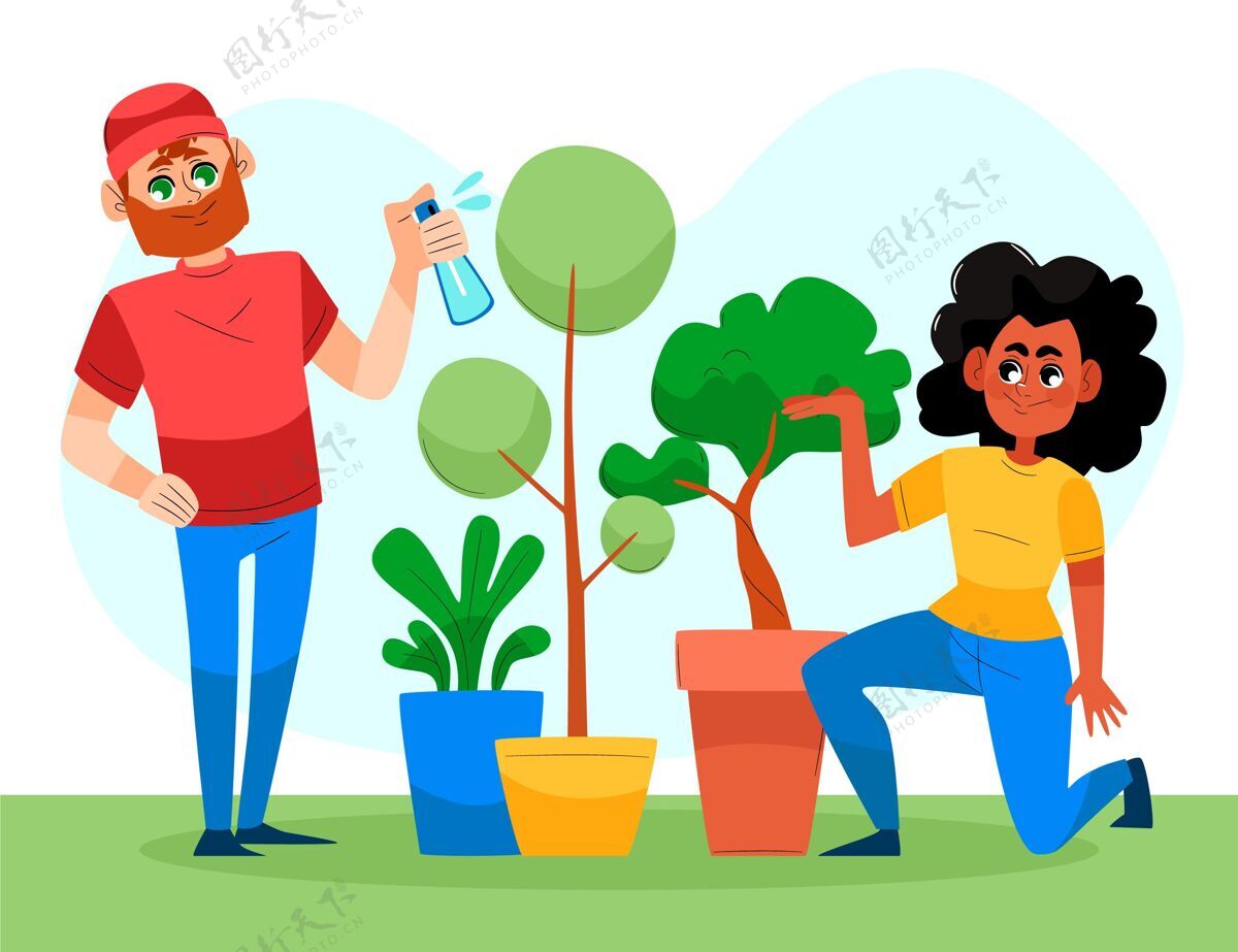 园艺手绘的人一起照顾植物市民手绘自然