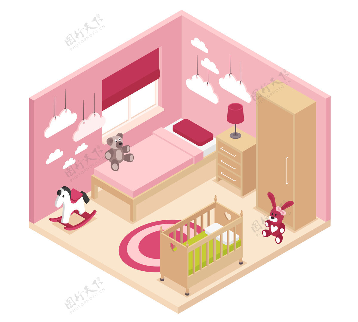 橱柜舒适的玫瑰儿童房等距室内衣柜床头柜靠近床婴儿床和双层床近房间等轴测