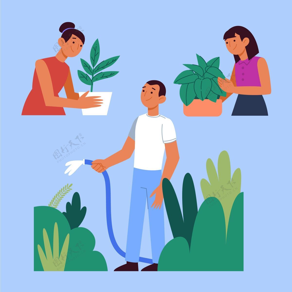 设置人们照顾植物的平面插图快乐的人照顾收藏
