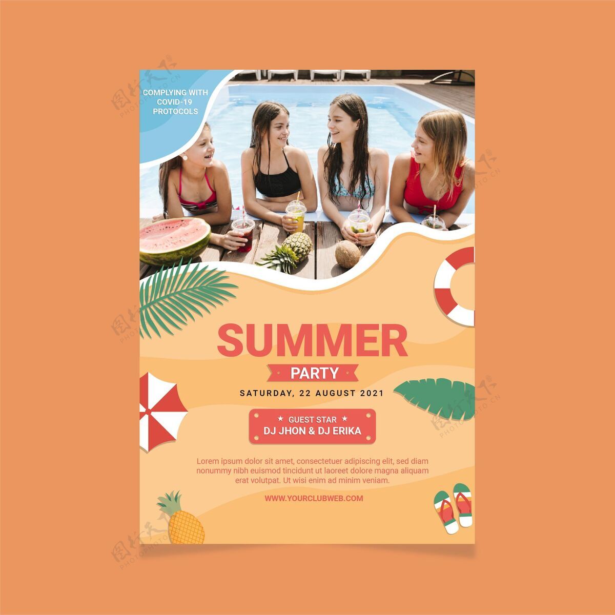 夏季派对海报平面夏季聚会垂直海报模板与照片派对传单夏季模板夏季派对传单
