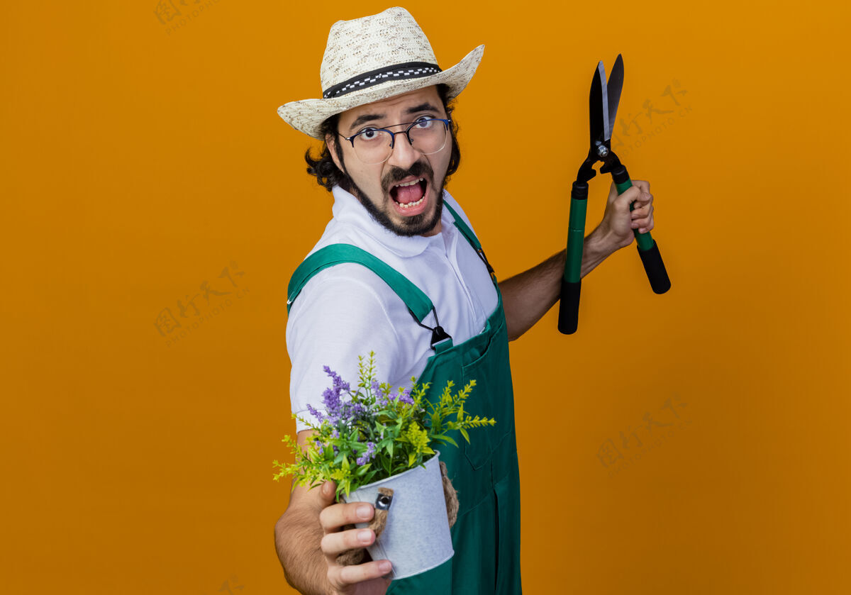 失望年轻的留着胡须的园丁 穿着连体衣 戴着帽子 拿着树篱剪 拿着盆栽植物 站在橙色的墙上大喊失望感觉连身衣花盆