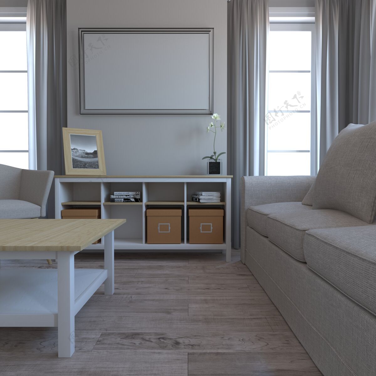 窗户3d现代客厅内饰和现代家具座位木板当代