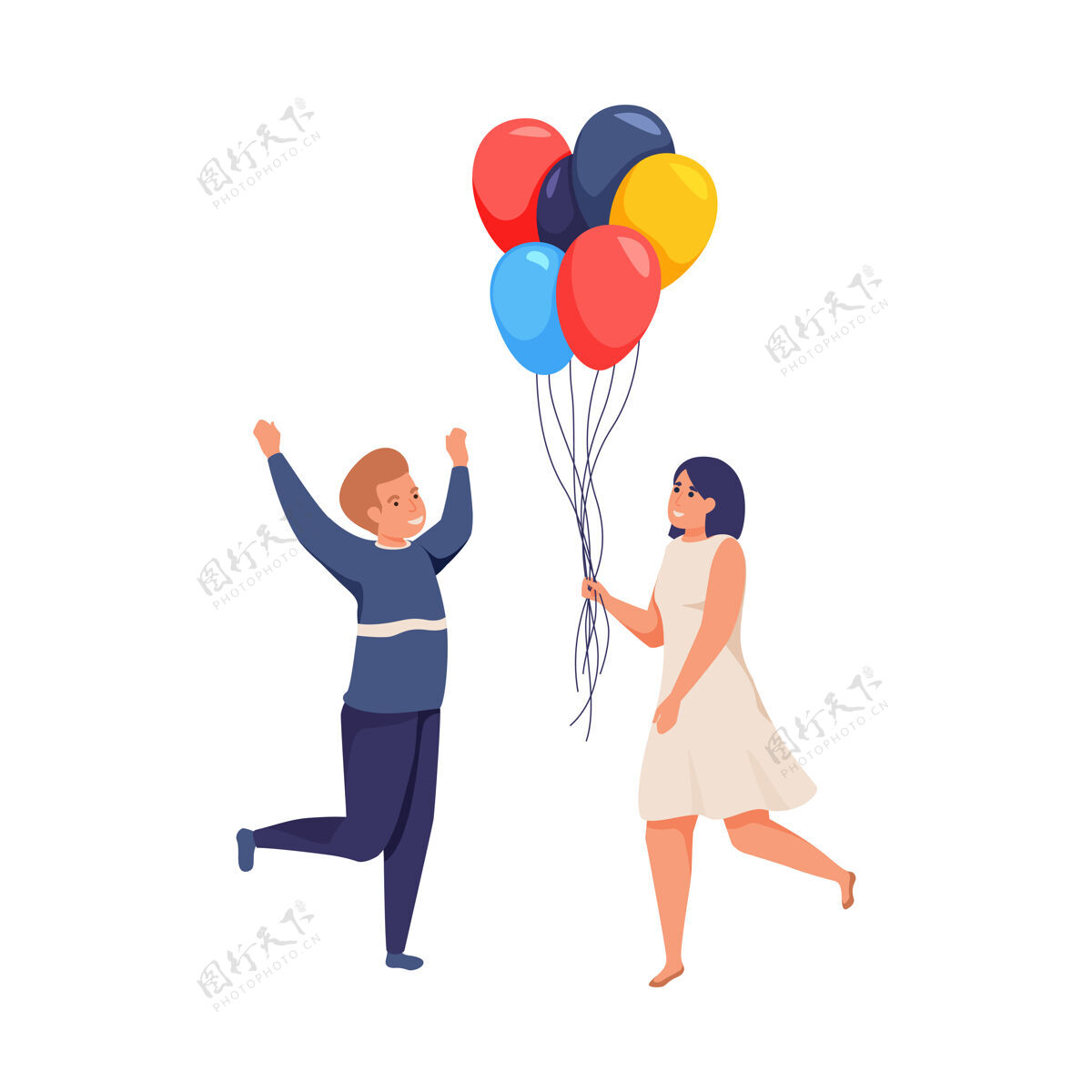 概念欢快的人们用五颜六色的气球展开孤立的插图人节日微笑