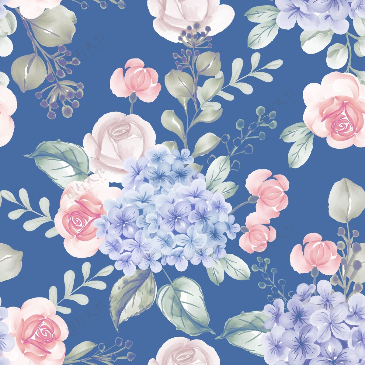 绘画水彩花绣球花和叶子蓝色无缝图案树叶热带墙纸