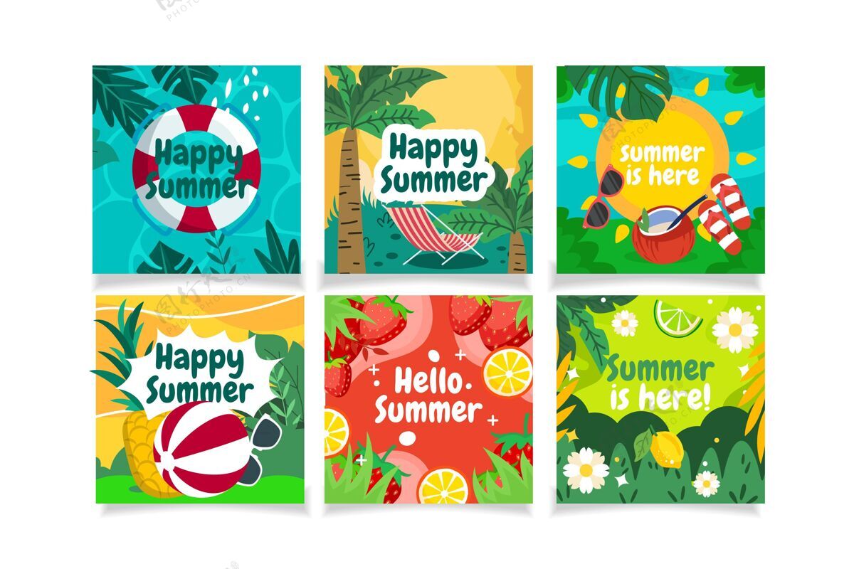 夏季扁平夏季卡片收集卡片模板夏季夏季卡片模板