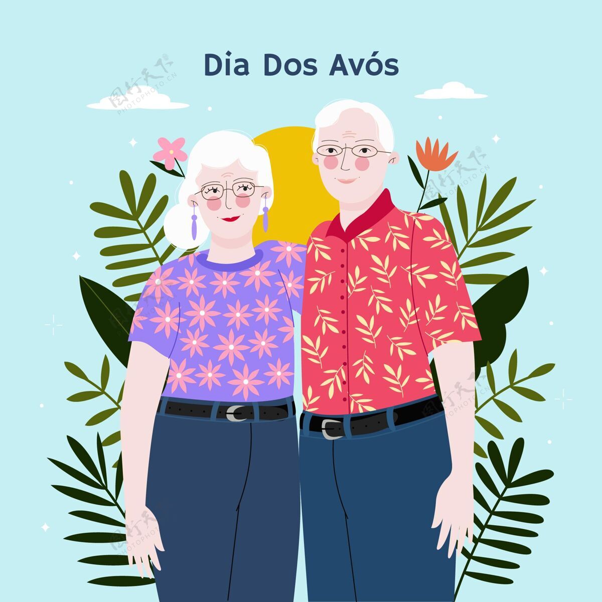 手绘迪亚多斯阿沃斯与祖父母的插图家庭节日祖父母节