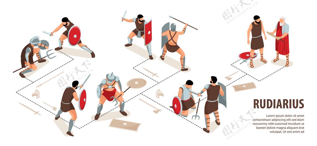 字符等轴测古罗马角斗士与可编辑的文本和流程图与人类角色的鲁迪亚里乌斯战士插图信息图形人流程图战士