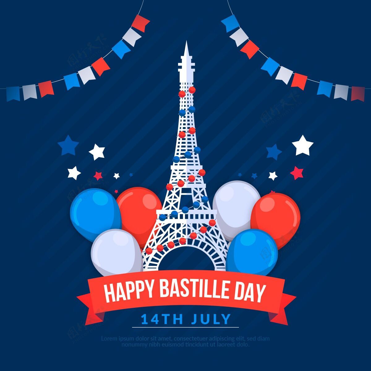 法国国庆平底巴士底狱日插图气球平面设计纪念