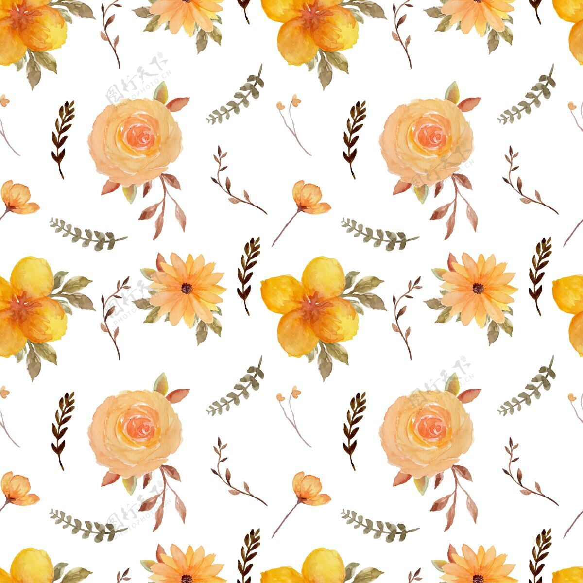 花朵黄色乡村花卉无缝图案棕色图案背景