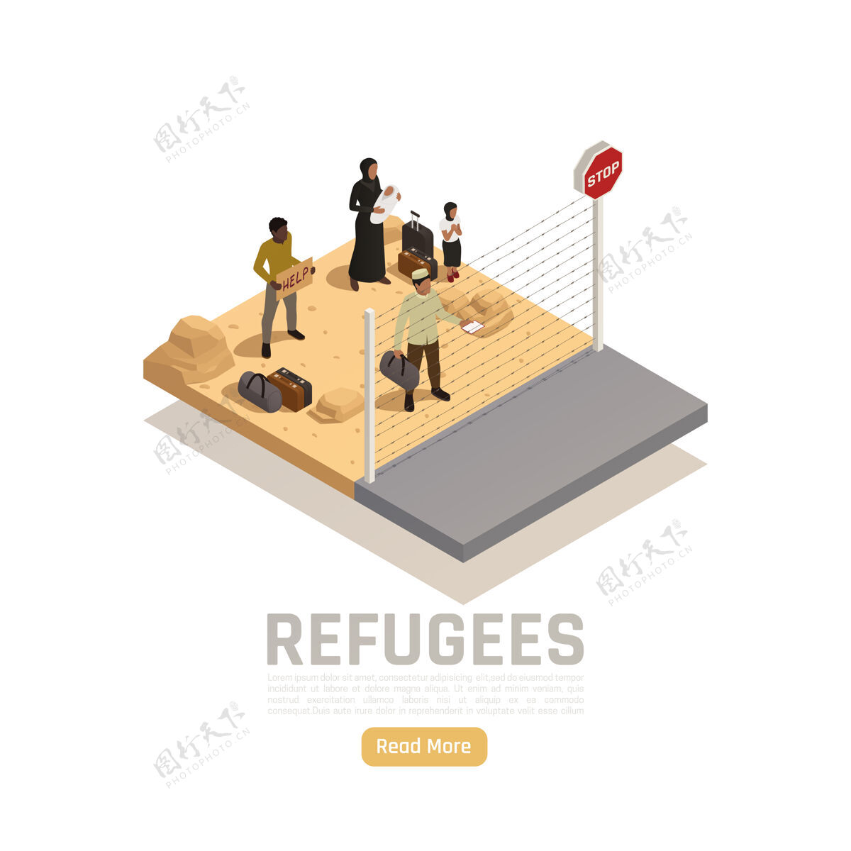 需要无国籍难民等轴图与移民群体在边境检查站需要帮助帮助边界等距