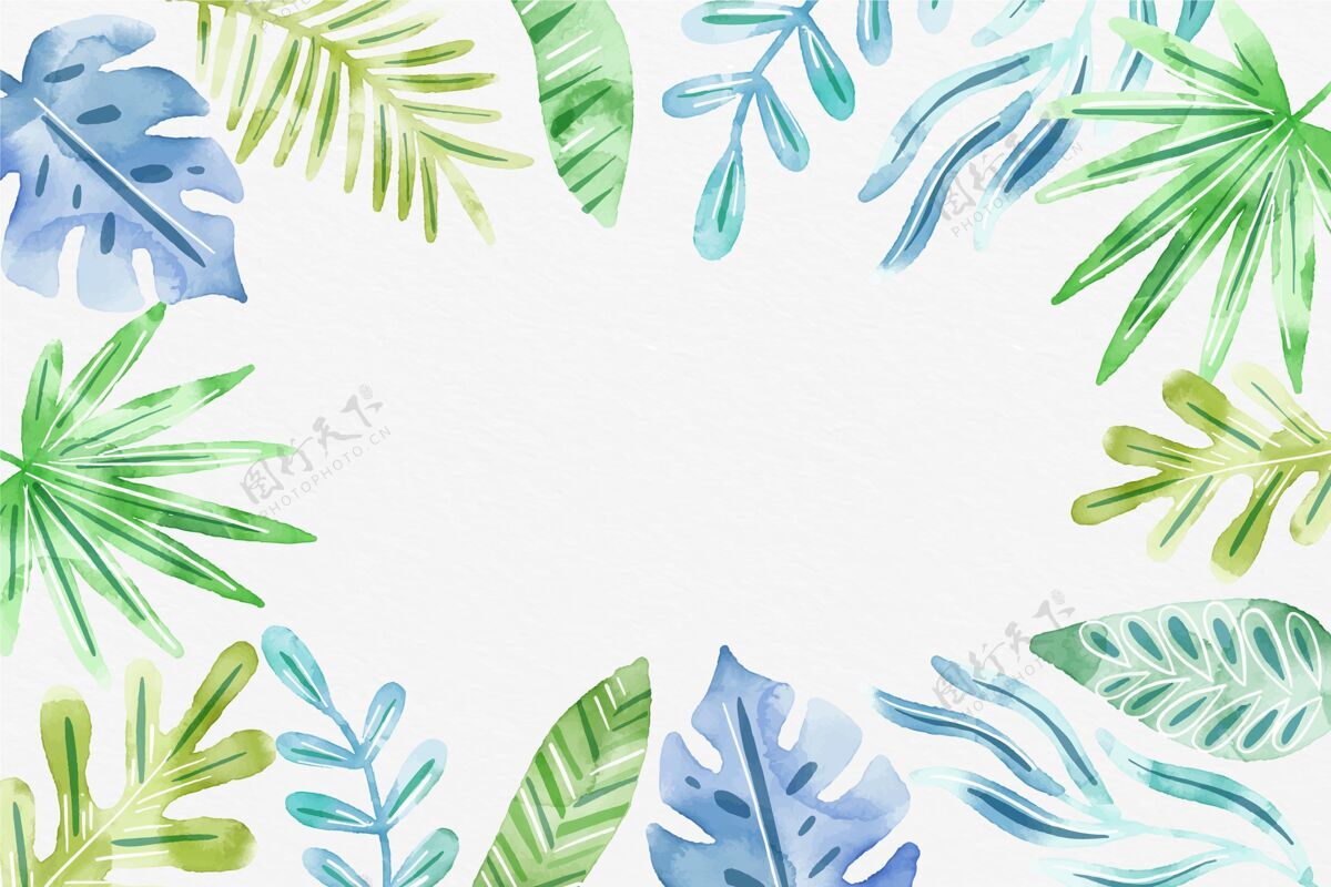 夏天背景手绘水彩画热带树叶背景树叶热带背景水彩画