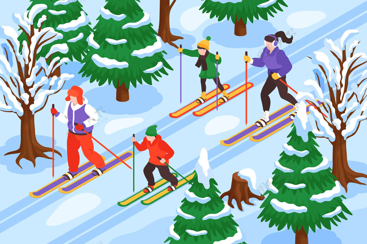 等距等距冬季滑雪插图团体自然冬季