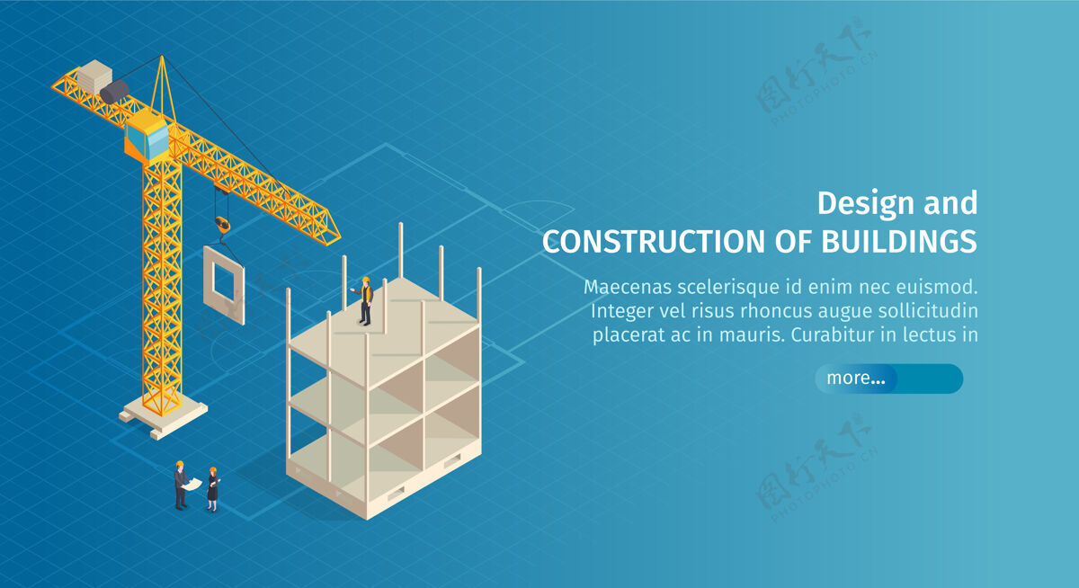 建筑等距建设水平横幅与滑块按钮文本和图像的起重机与半建成的建筑物水平建筑文本