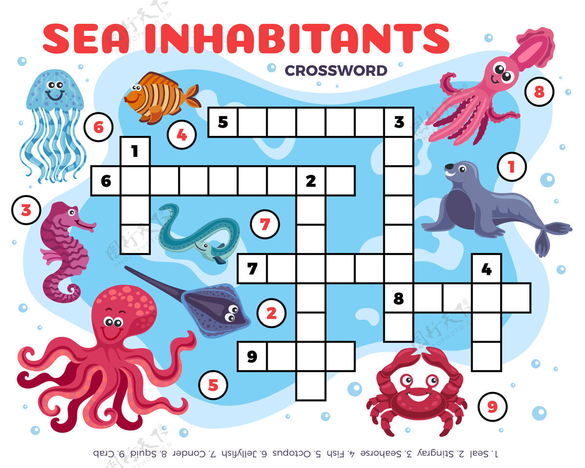 动物海洋居民有趣的纵横填字游戏插图鱼水下风格