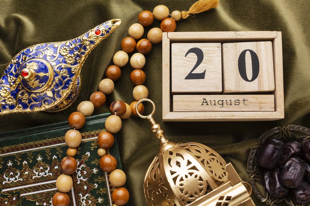 伊斯兰新年用祈祷珠装饰伊斯兰新年平铺传统