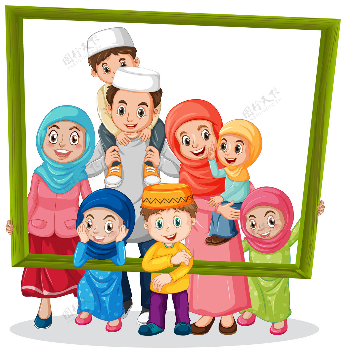 穆斯林幸福的家人拿着相框木头童年边界