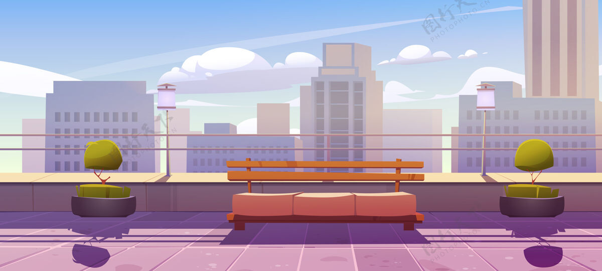 城市带长凳的屋顶露台 可欣赏城市景色露台天空摩天大楼