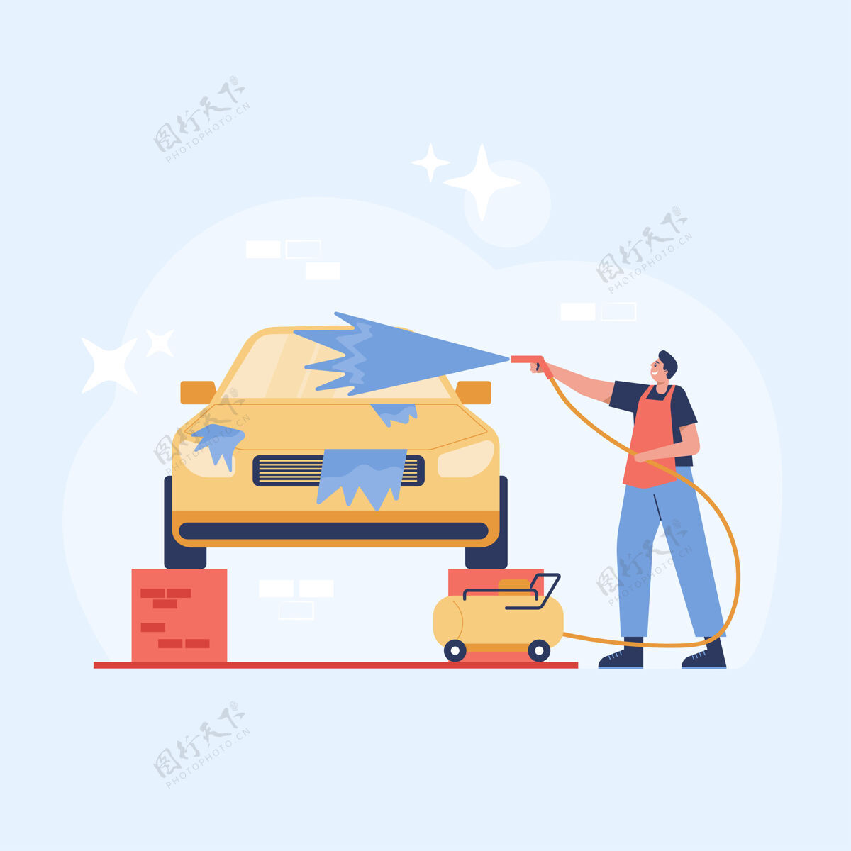 汽车洗车插图一个男人用高压泵用肥皂和水洗车插图很平淡员工洗车商业