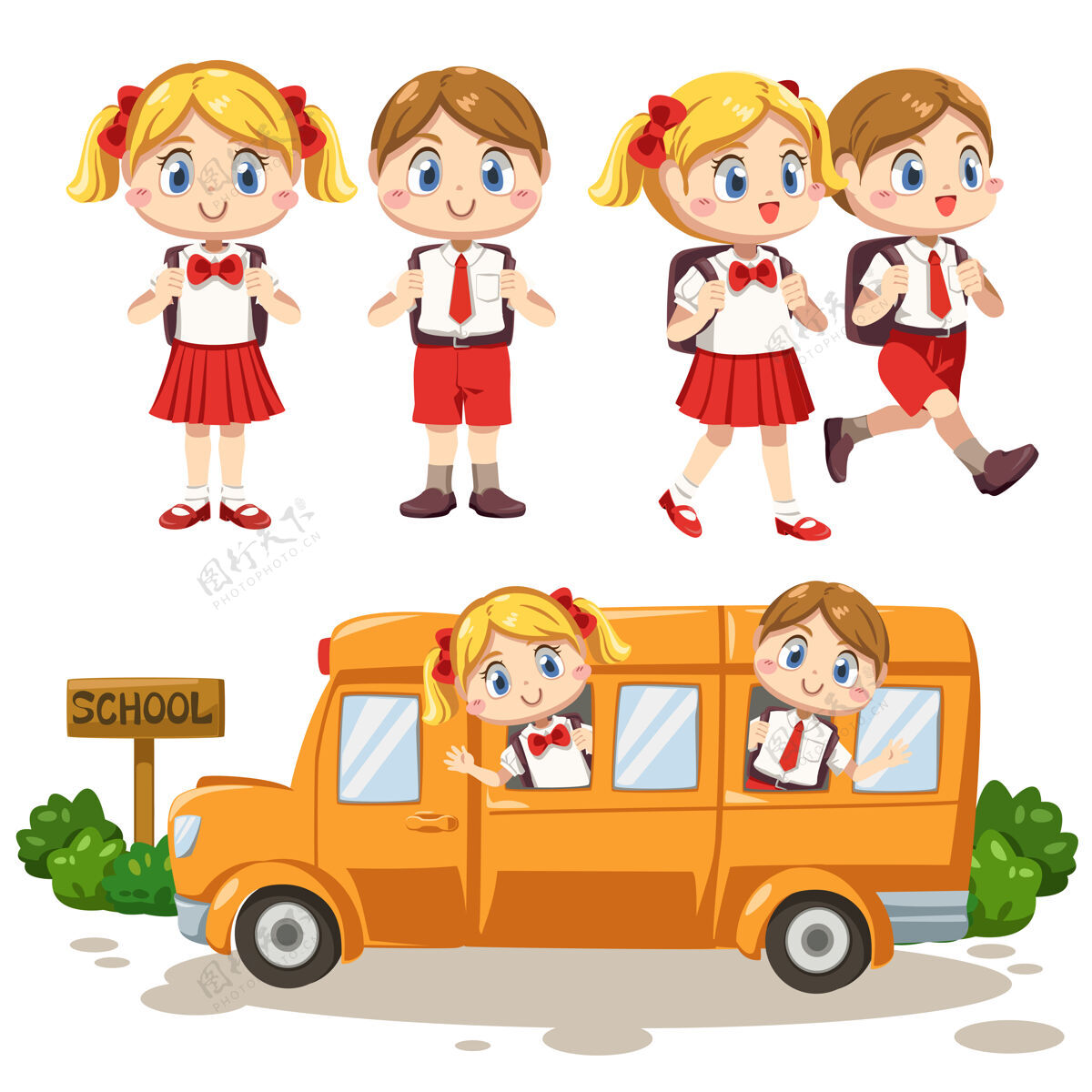 小学一组男孩和女孩穿着学生制服和书包在校车上散步和坐着书包散步人物
