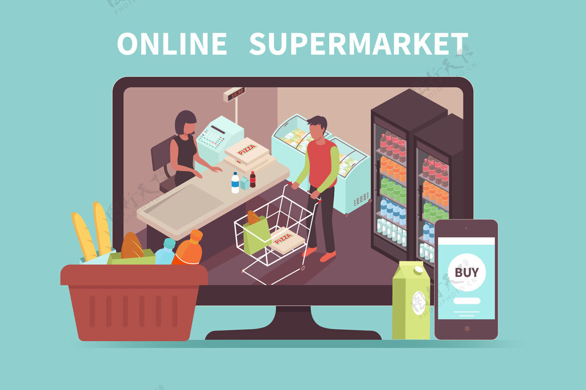 在线网上购物的概念与买家支付购买在超市的pc屏幕上购物购买支付