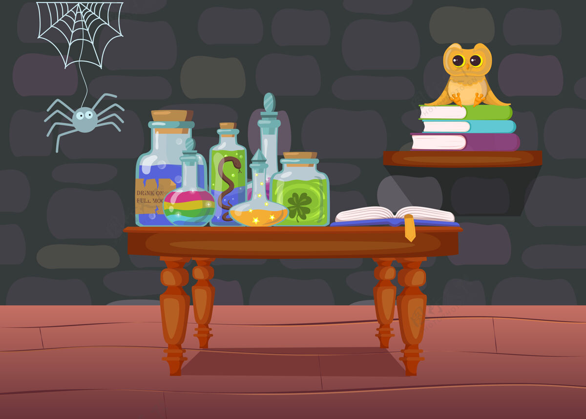 夜晚女巫之家 瓶子里有药水 桌子上有书家里有蜘蛛和猫头鹰万圣节恐怖恐怖