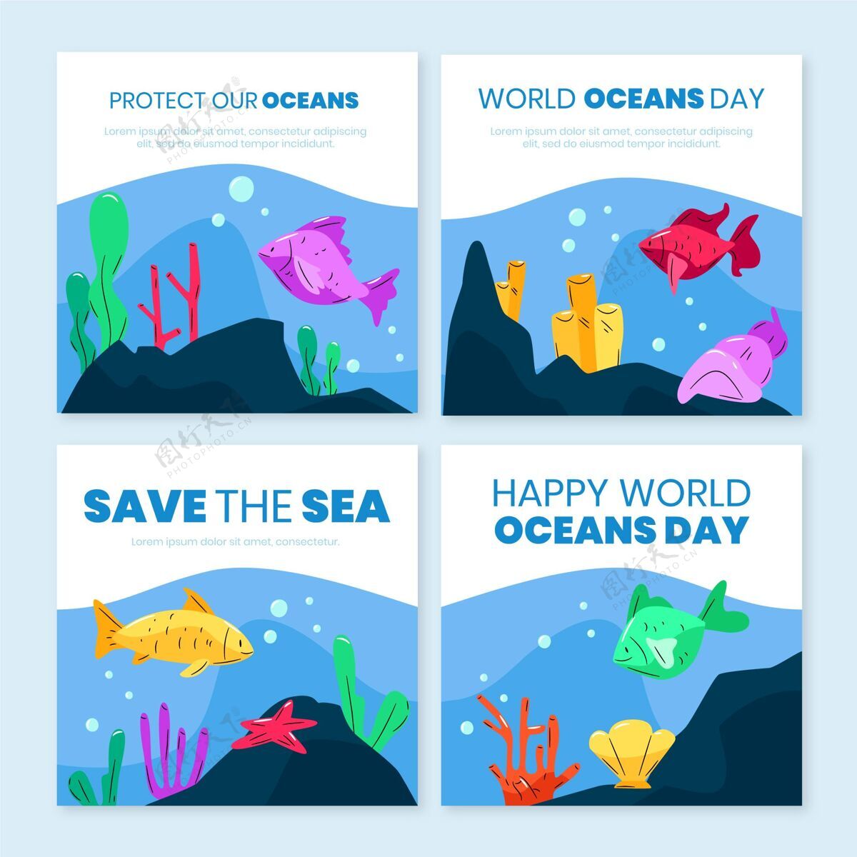 生态系统手绘世界海洋日instagram帖子集社交媒体发布星球活动