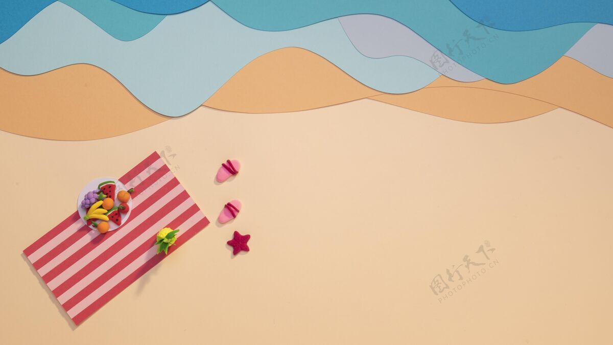 静物纸做的夏日海滩布置沙滩构图娱乐