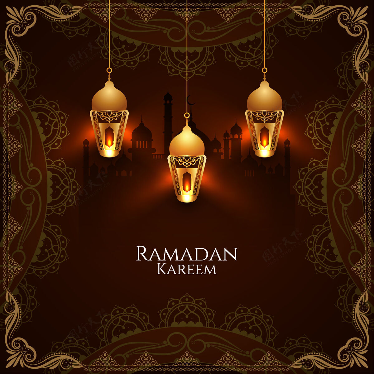 月亮斋月卡里姆贺卡与时尚的发光灯笼神圣伊斯兰教穆斯林