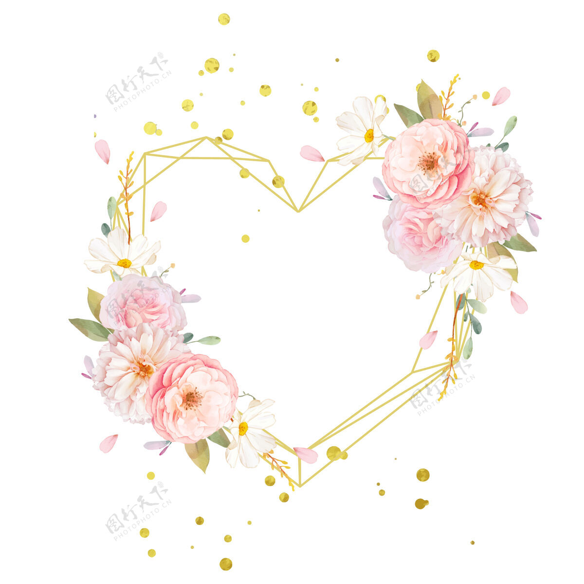 花朵美丽的花环与水彩粉红玫瑰和大丽花玫瑰心形植物