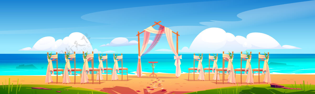 风景海滩上的婚礼拱门和装饰海边卡通插画事件景观草地