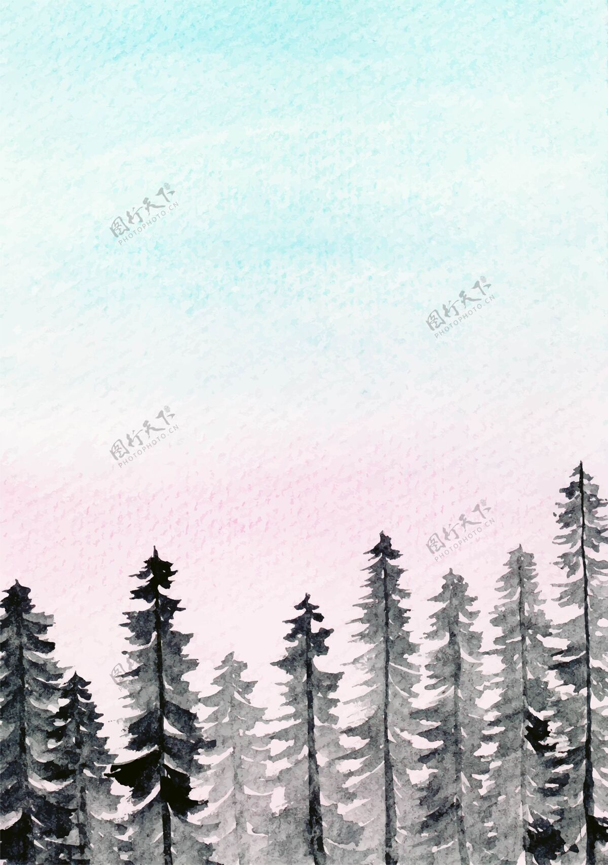 松树风景松林与棉花糖天空水彩背景绘画水彩自然