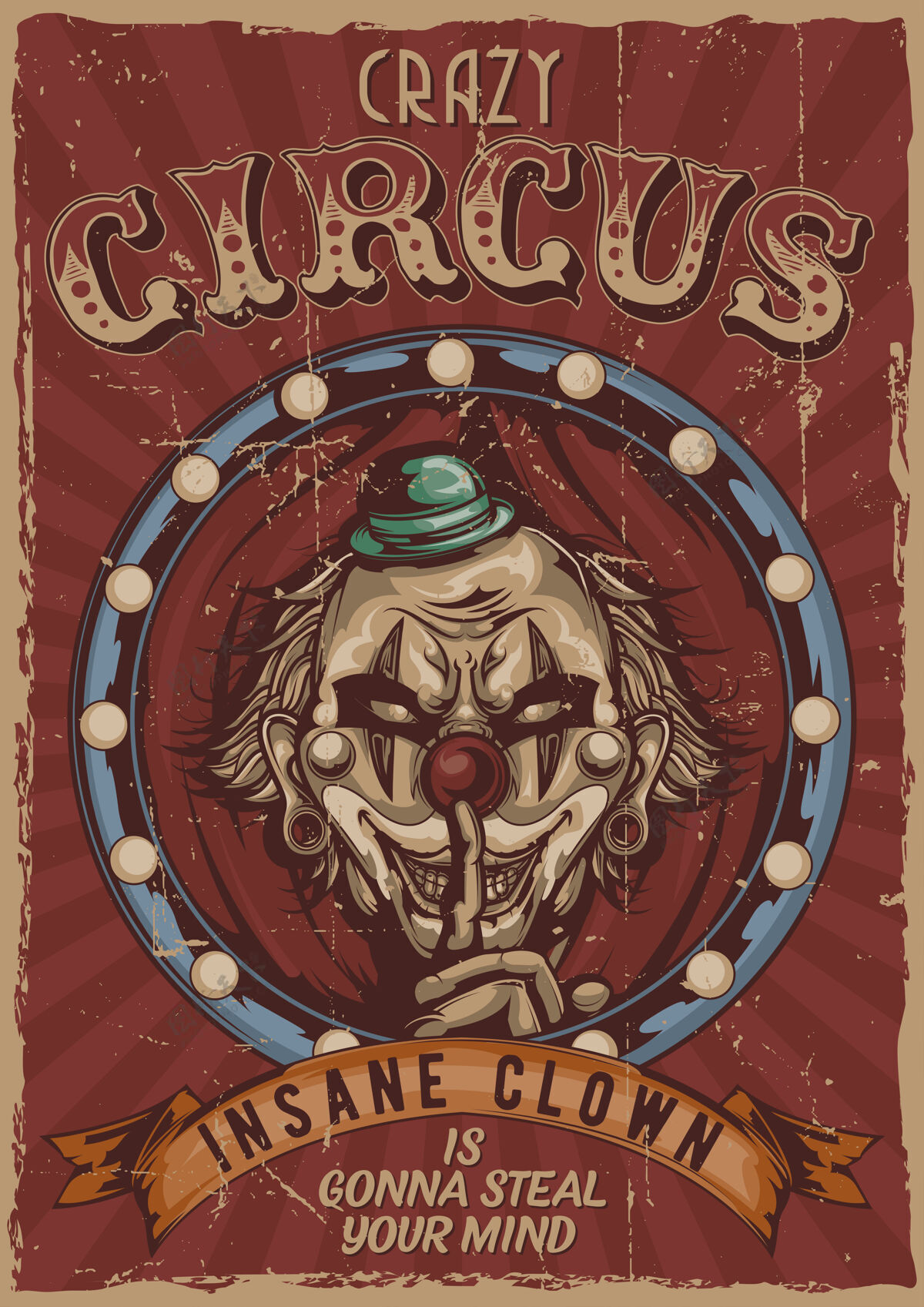 恐怖马戏团主题复古海报与愤怒的小丑面具肖像恐惧