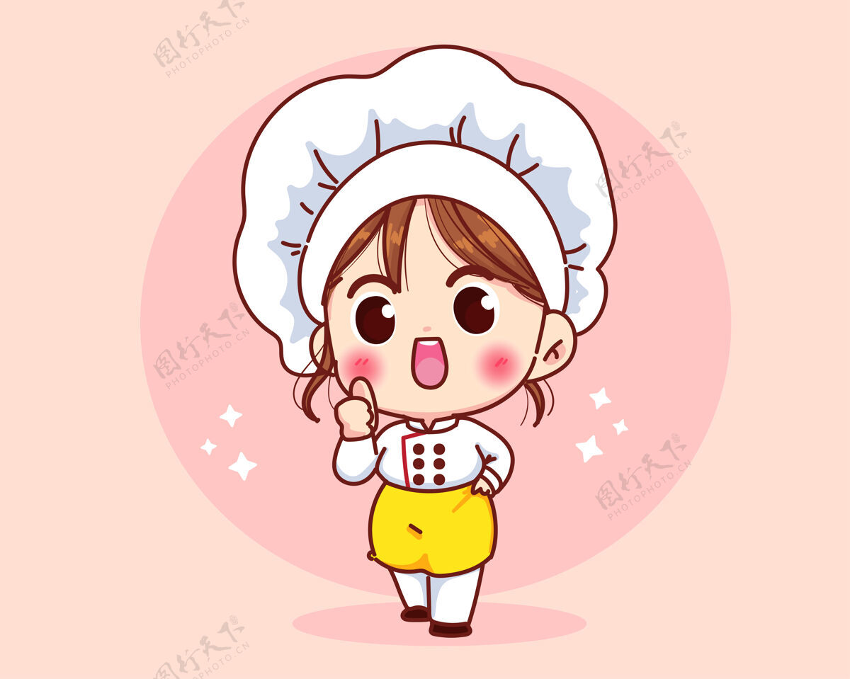 宴会可爱的厨师女孩身着制服微笑着竖起大拇指卡通艺术插画孩子美食手绘