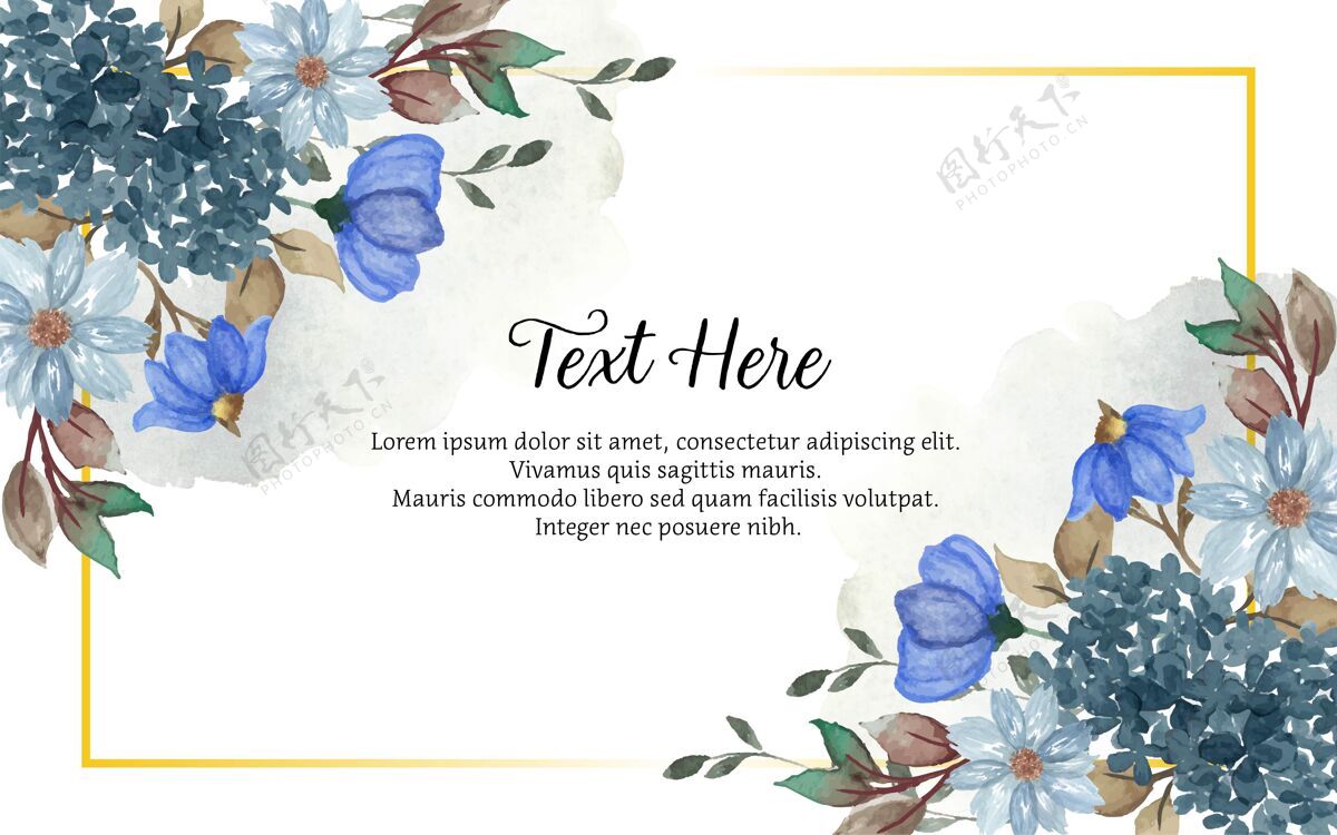 花束美丽的靛蓝水彩花卉背景与抽象染色优雅开花角落