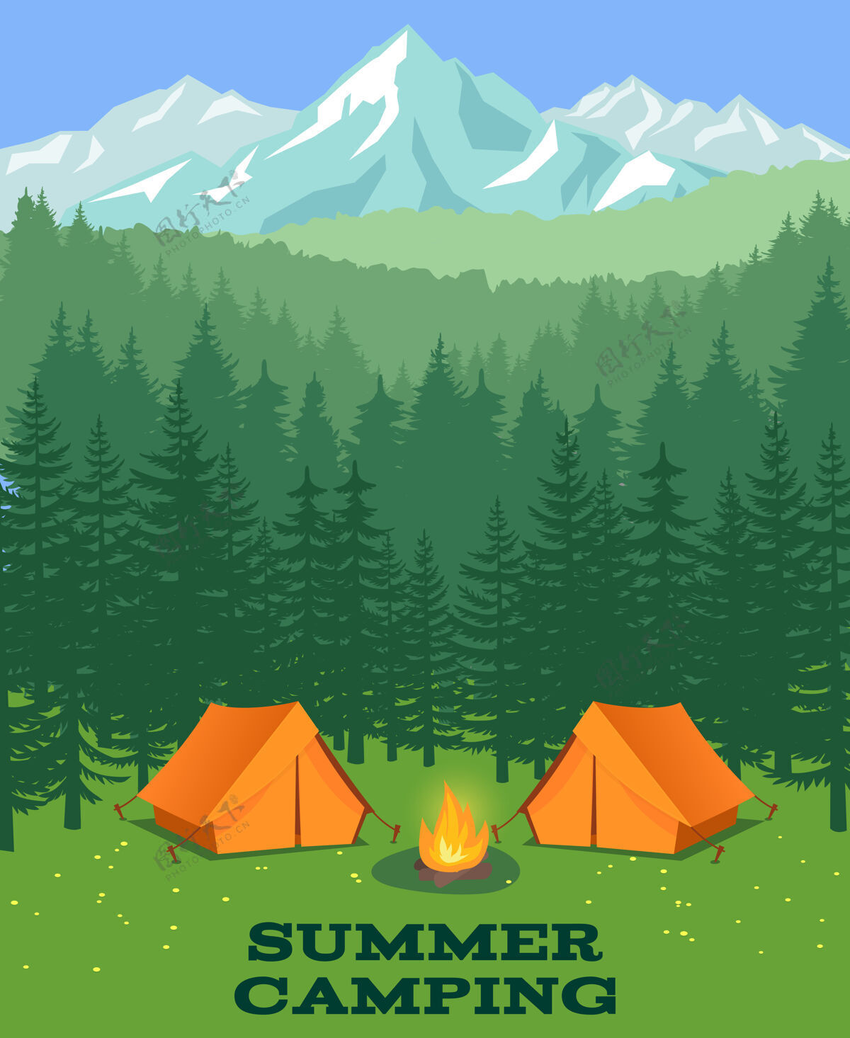 活动森林野营插图在林间空地上的旅游帐篷冒险和夏季森林休息营火天空旅行