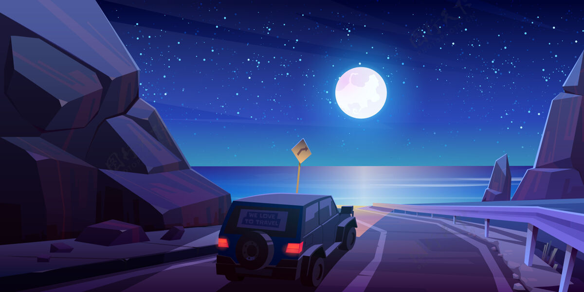 岩石晚上开车上路 坐吉普车在山间公路上行驶 满月星空下海景优美旅行海洋路线