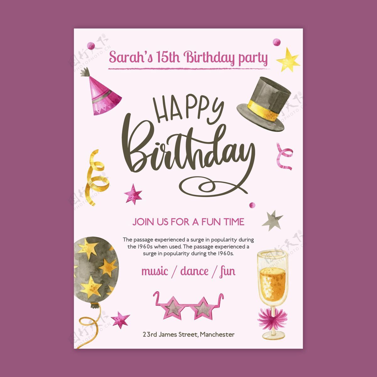 聚会生日卡模板与绘制的元素准备打印生日快乐快乐